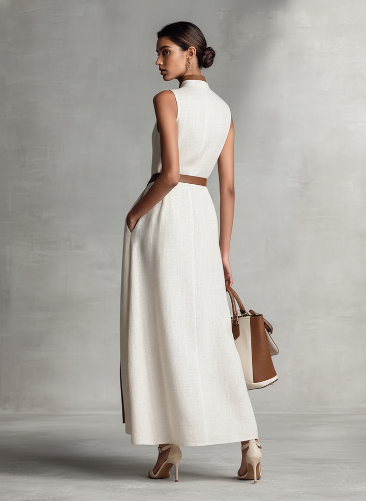 Robe Maxi Sans Manches avec Décolleté en V et Ceinture à Nouer pour Femmes
