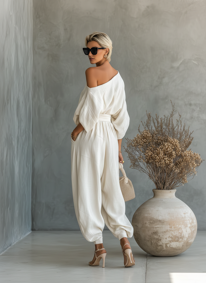Ensemble Femme Off-White avec Top Bardot et Pantalons Tapered