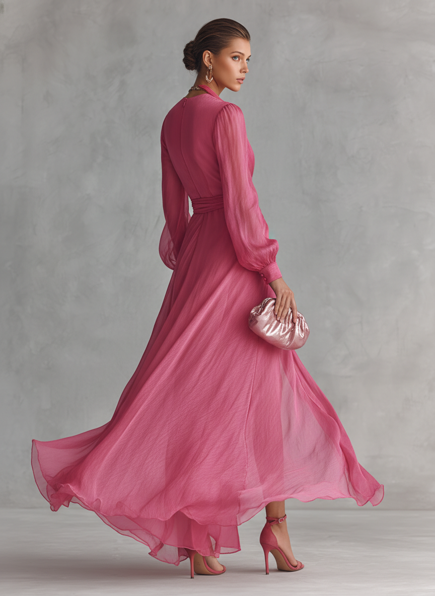Robe longue rose élégante avec perles et décolleté en V pour femmes