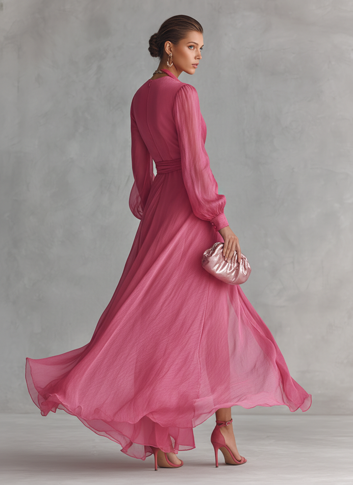 Robe longue rose élégante avec perles et décolleté en V pour femmes