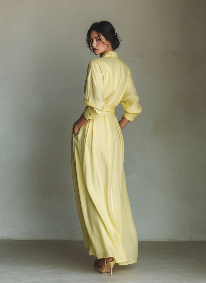 Robe Chemise Maxi pour Femmes en Jaune Citron avec Ceinture à Nouer & Manches Trois Quarts