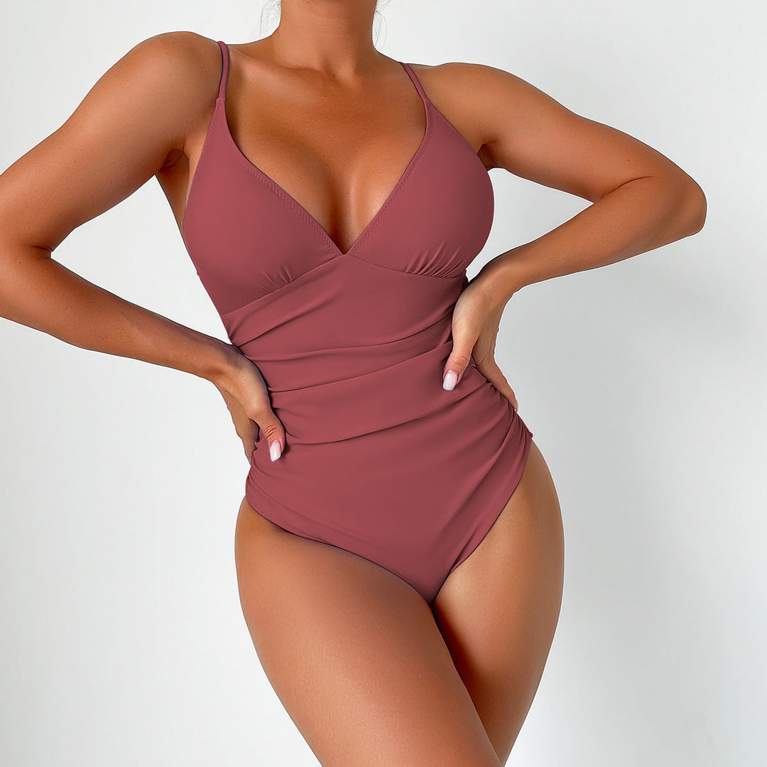 Maillot de Bain Entier Sculptant avec Décolleté en V et Fines Bretelles