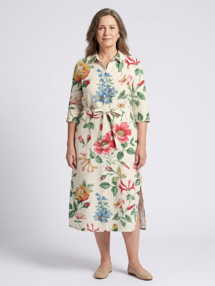 MARIBEL | ROBE MIDI FLORALE À MANCHES MI-LONGUES ET BOUTON