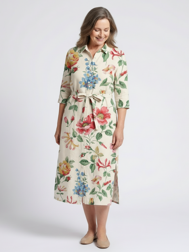 MARIBEL | ROBE MIDI FLORALE À MANCHES MI-LONGUES ET BOUTON