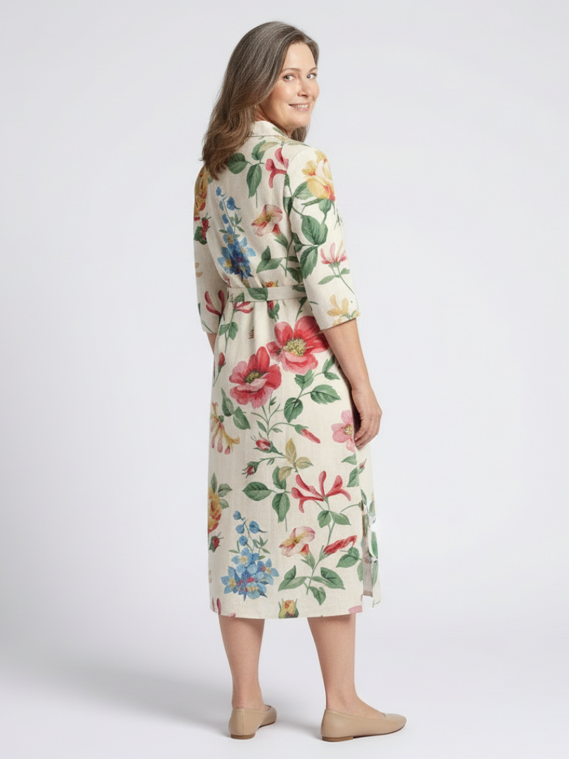 MARIBEL | ROBE MIDI FLORALE À MANCHES MI-LONGUES ET BOUTON
