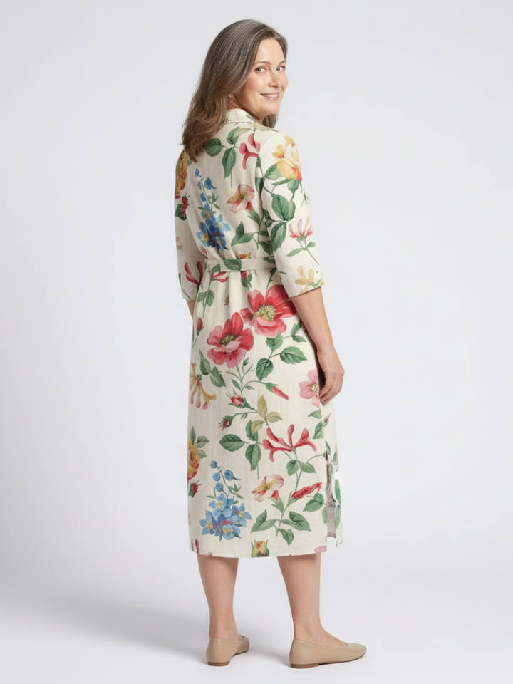 MARIBEL | ROBE MIDI FLORALE À MANCHES MI-LONGUES ET BOUTON