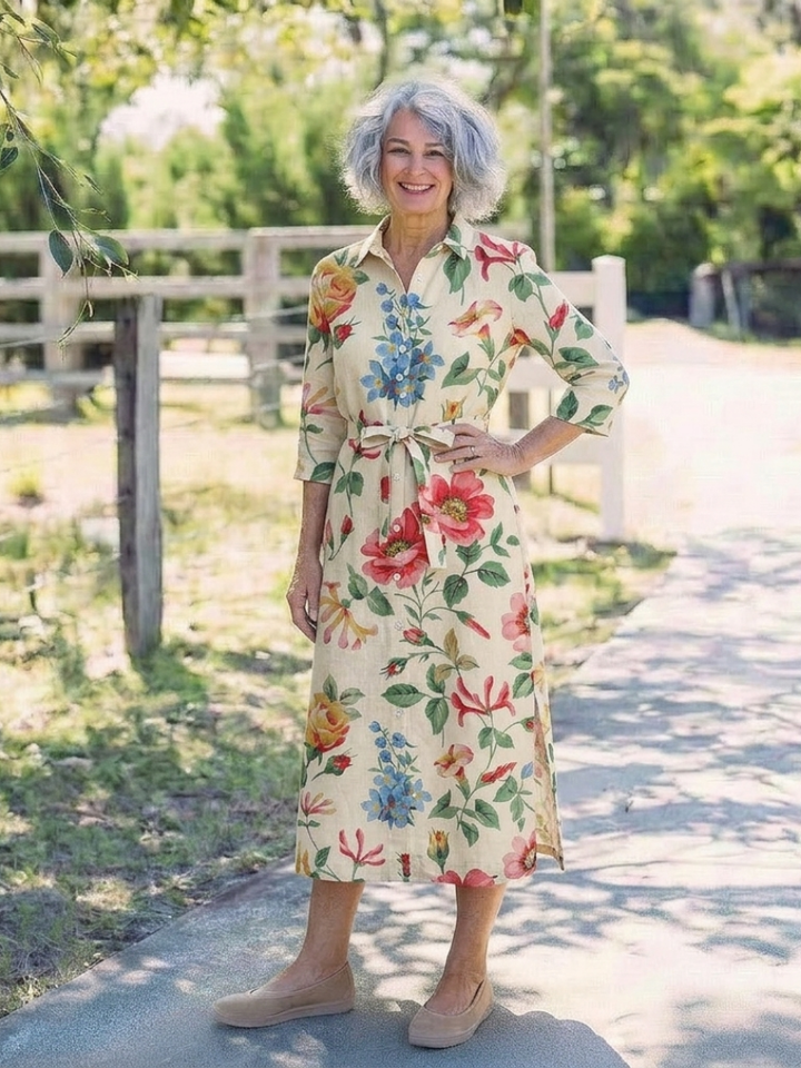 MARIBEL | ROBE MIDI FLORALE À MANCHES MI-LONGUES ET BOUTON