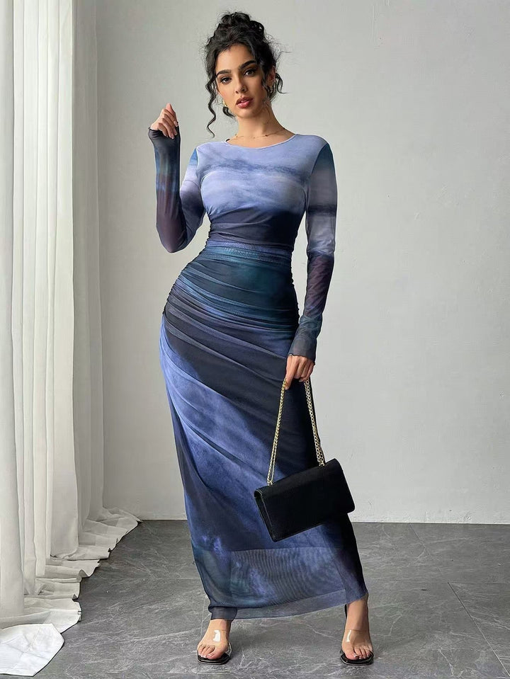 TORINA - Robe Maxi Bodycon Imprimée à Manches Longues et Col Rond Confortable