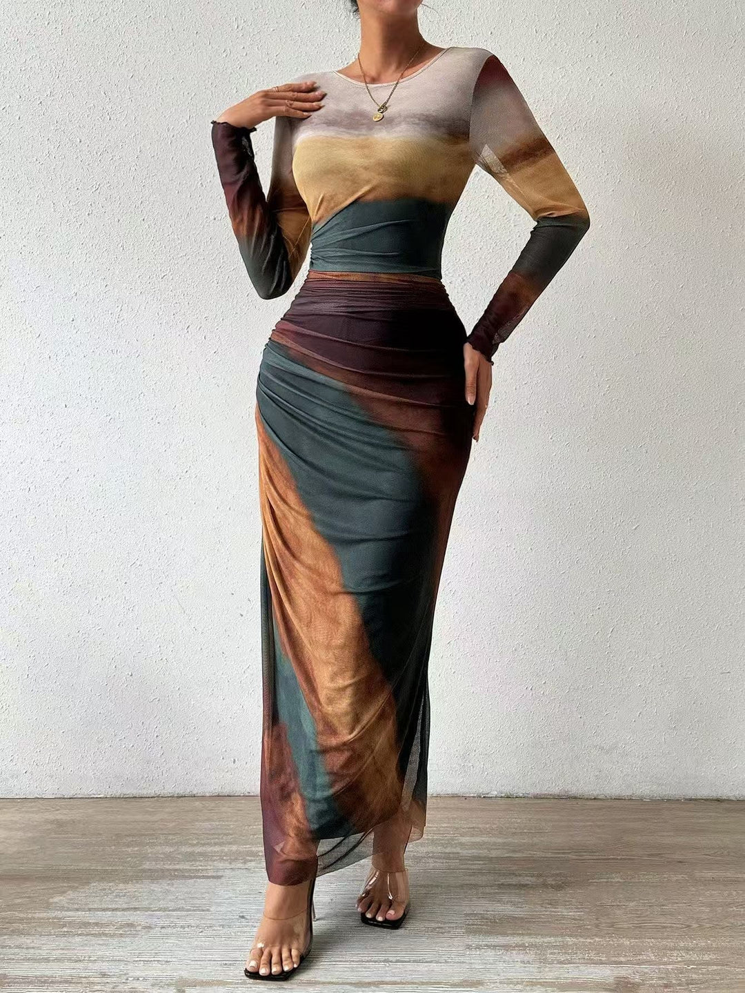TORINA - Robe Maxi Bodycon Imprimée à Manches Longues et Col Rond Confortable