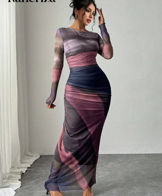 TORINA - Robe Maxi Bodycon Imprimée à Manches Longues et Col Rond Confortable