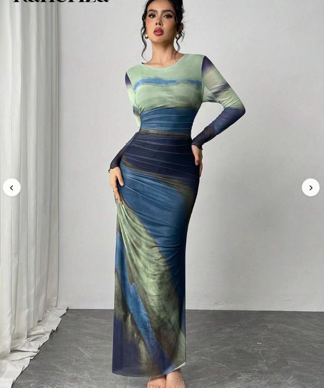 TORINA - Robe Maxi Bodycon Imprimée à Manches Longues et Col Rond Confortable