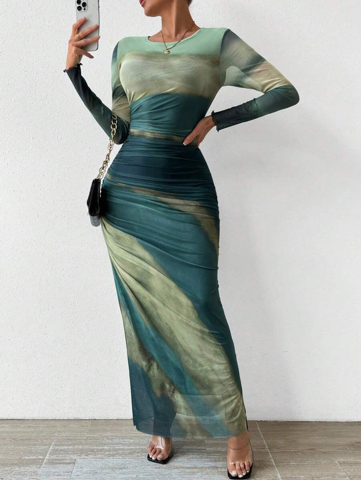 TORINA - Robe Maxi Bodycon Imprimée à Manches Longues et Col Rond Confortable