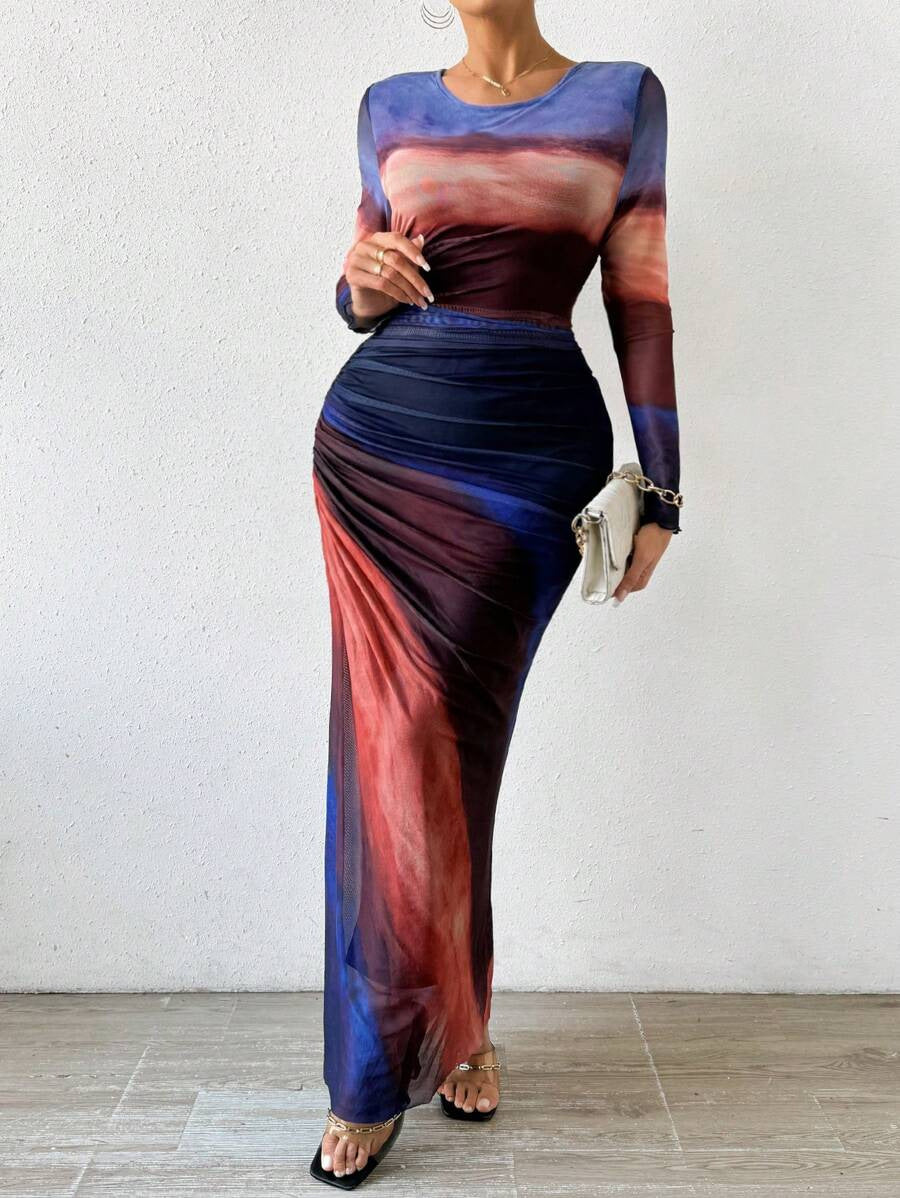 TORINA - Robe Maxi Bodycon Imprimée à Manches Longues et Col Rond Confortable