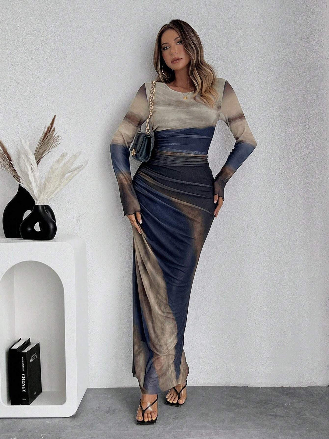 TORINA - Robe Maxi Bodycon Imprimée à Manches Longues et Col Rond Confortable