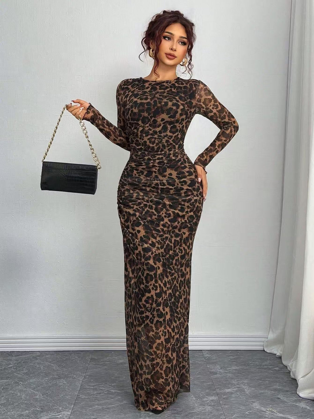TORINA - Robe Maxi Bodycon Imprimée à Manches Longues et Col Rond Confortable