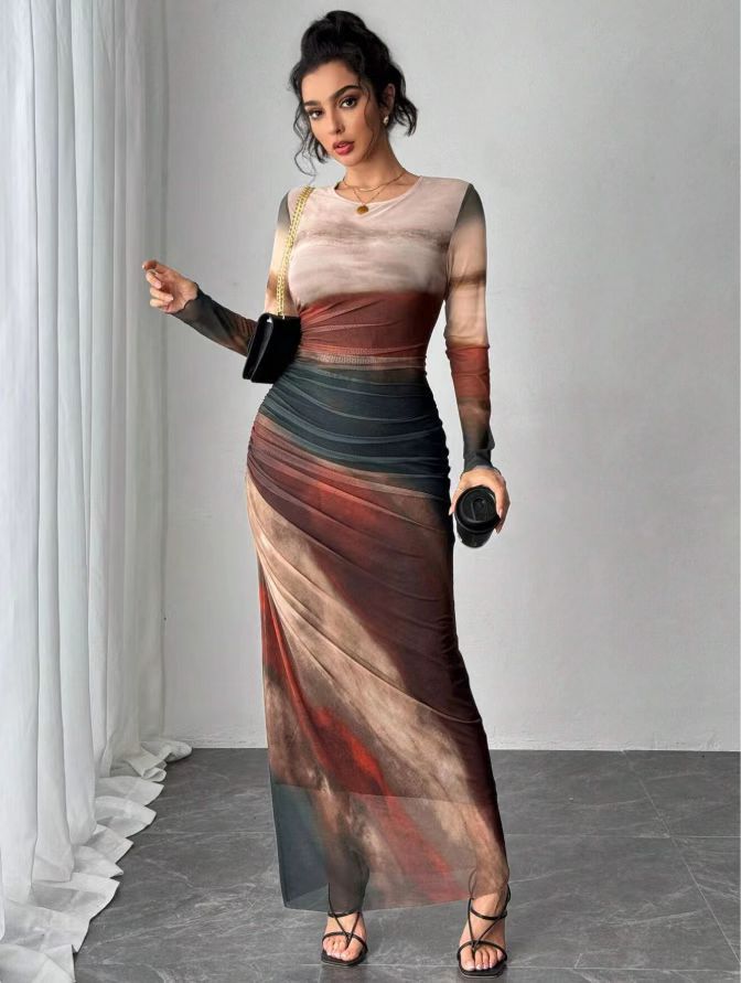 TORINA - Robe Maxi Bodycon Imprimée à Manches Longues et Col Rond Confortable