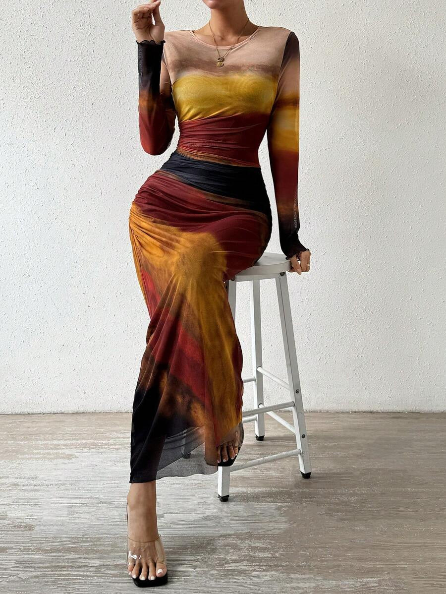 TORINA - Robe Maxi Bodycon Imprimée à Manches Longues et Col Rond Confortable