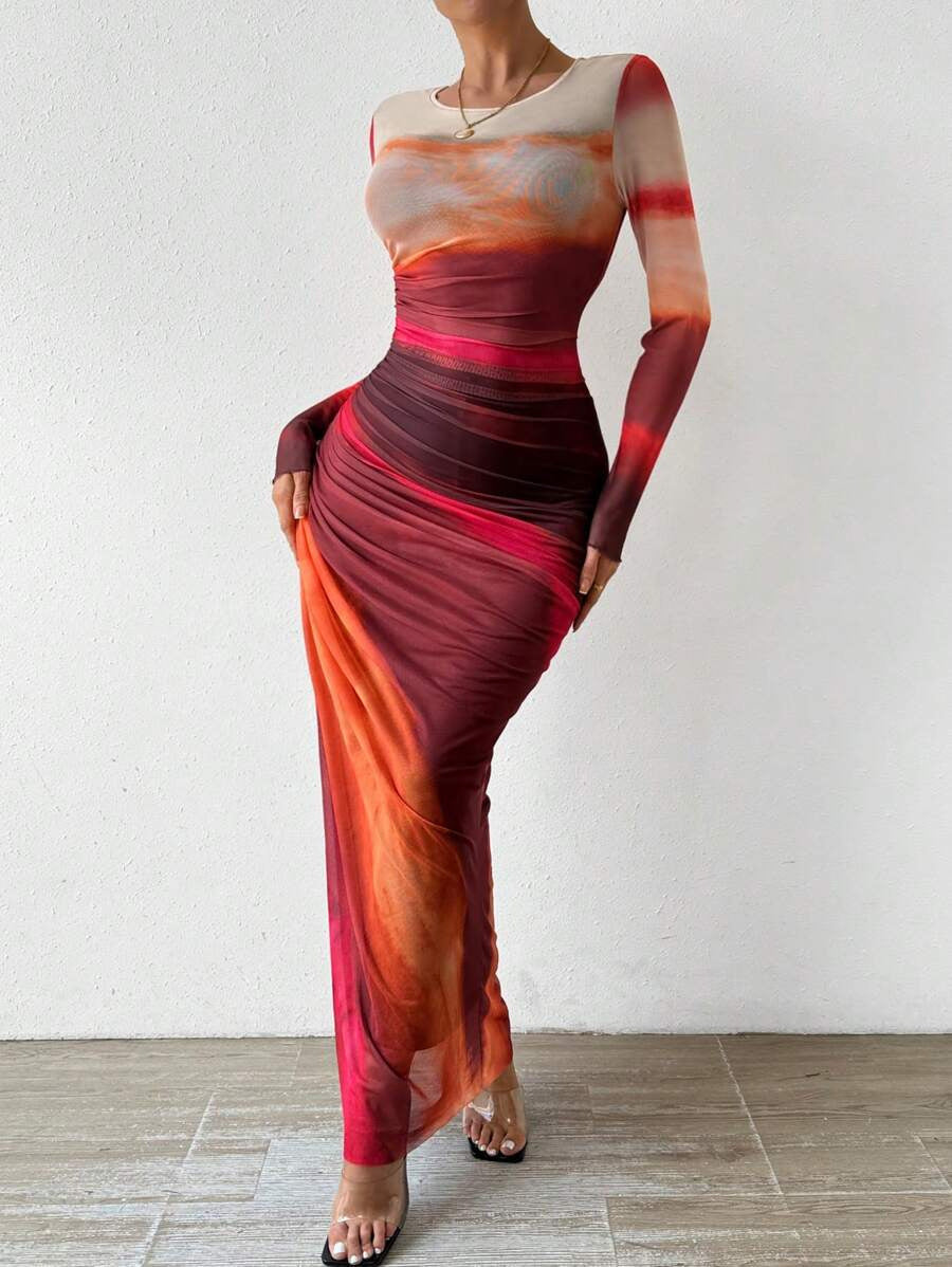 TORINA - Robe Maxi Bodycon Imprimée à Manches Longues et Col Rond Confortable