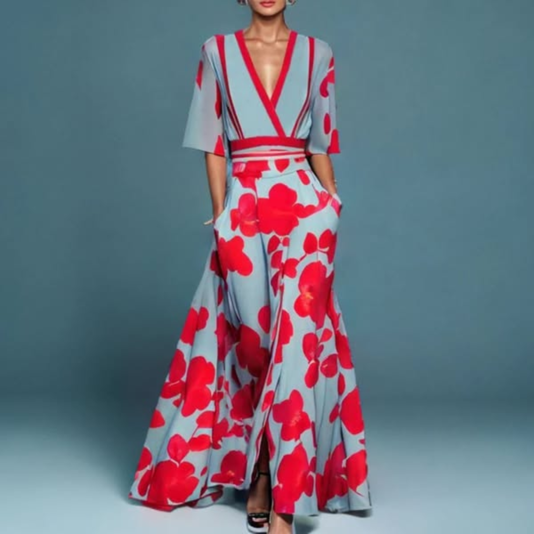 Hazel | Robe Maxi Florale à Col V Ceinturée