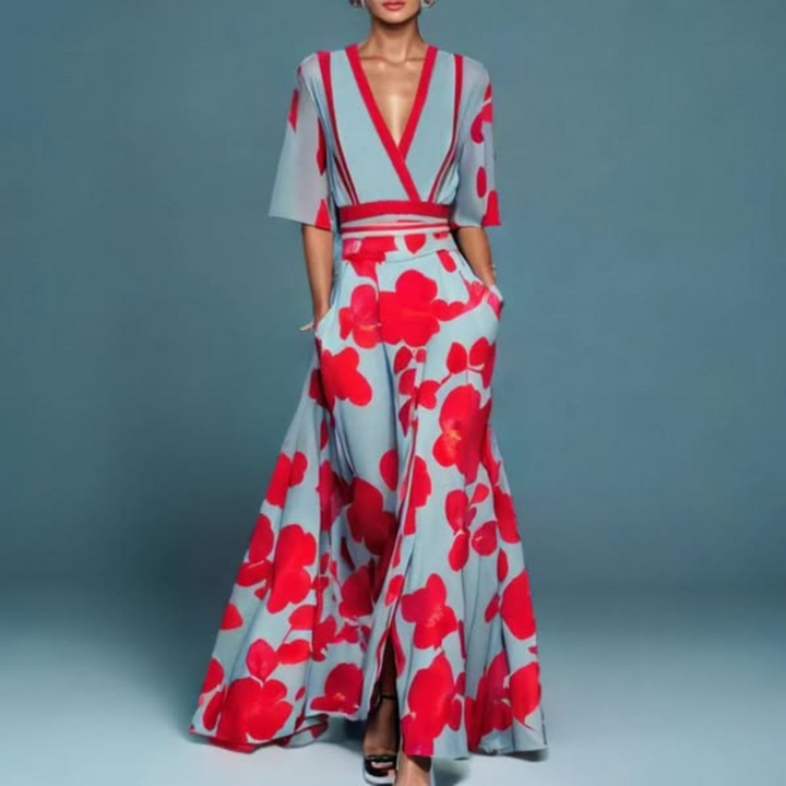 Hazel | Robe Maxi Florale à Col V Ceinturée
