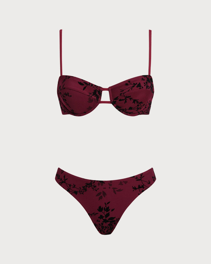 Ensemble de Bikini Rouge à Armatures Florales