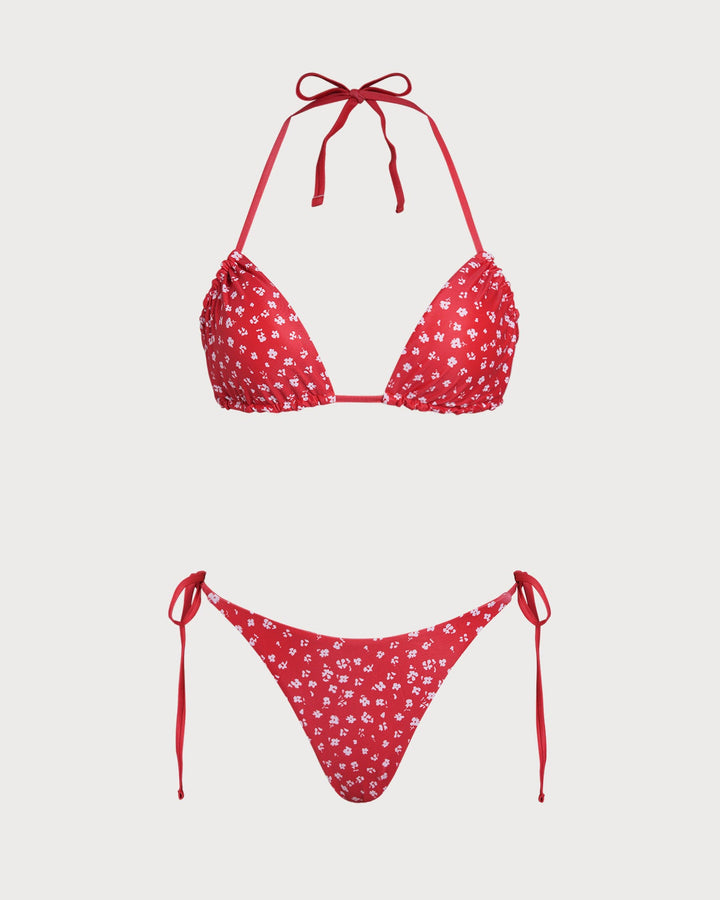Ensemble de Bikini Triangle à Cordon Floral Rouge