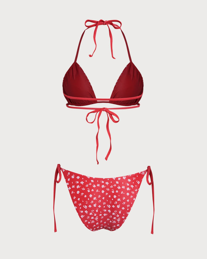 Ensemble de Bikini Triangle à Cordon Floral Rouge