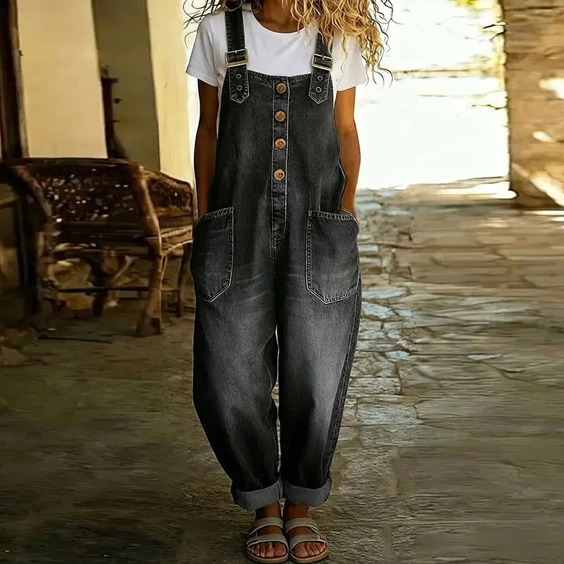 Kira | Salopette en coton doux au look denim vintage avec bretelles réglables