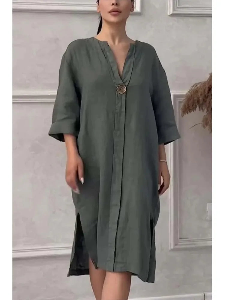 Robe Maxi en Lin à Manches