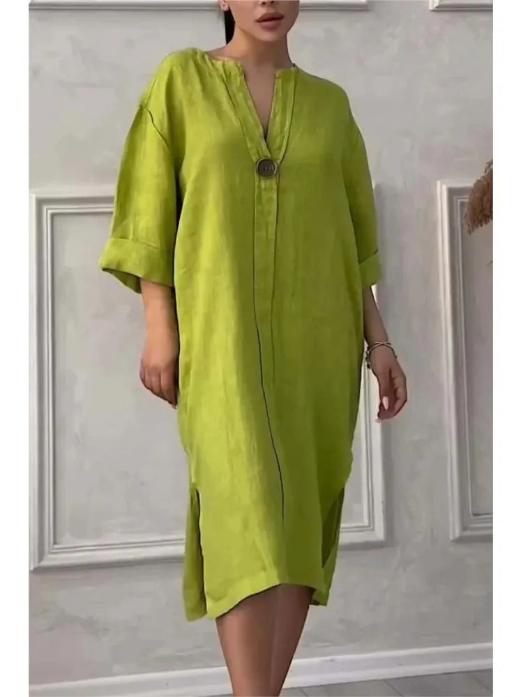 Robe Maxi en Lin à Manches