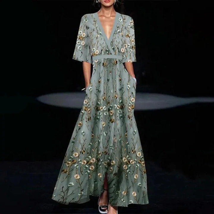 Hazel | Robe Maxi Florale à Col V Ceinturée
