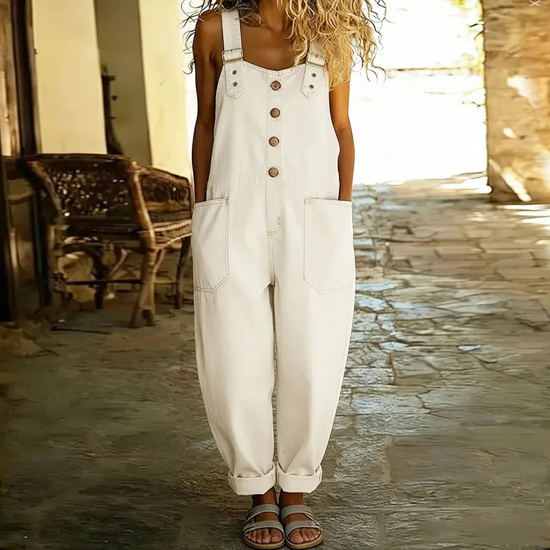 Kira | Salopette en coton doux au look denim vintage avec bretelles réglables