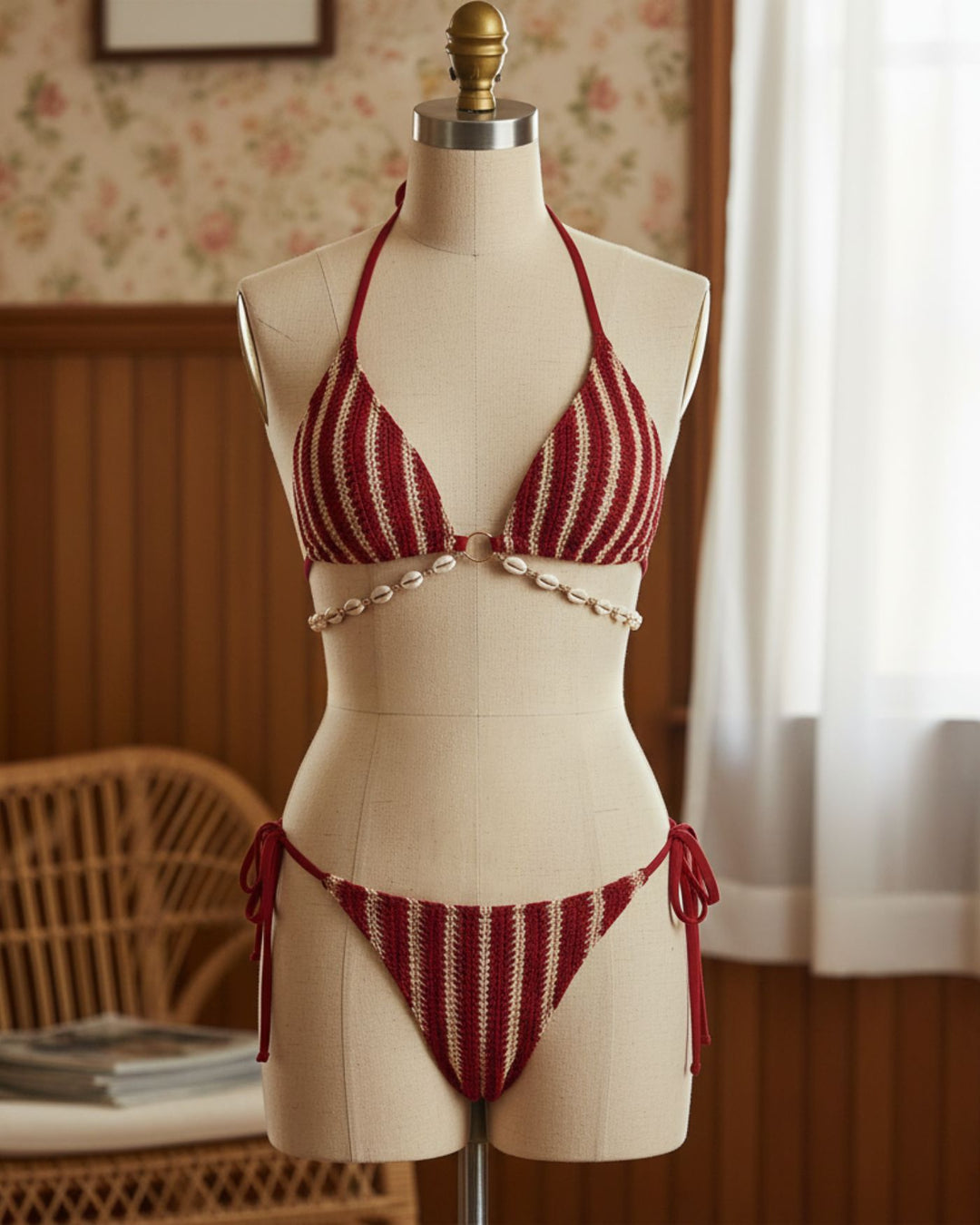Ensemble de Bikini Contrastant Rouge avec O-Ring