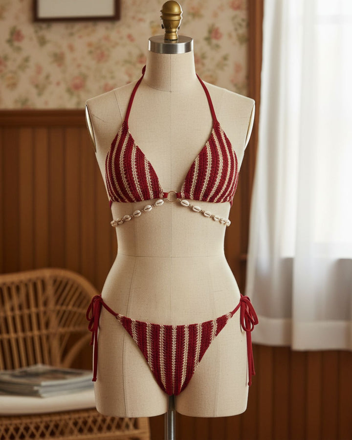 Ensemble de Bikini Contrastant Rouge avec O-Ring
