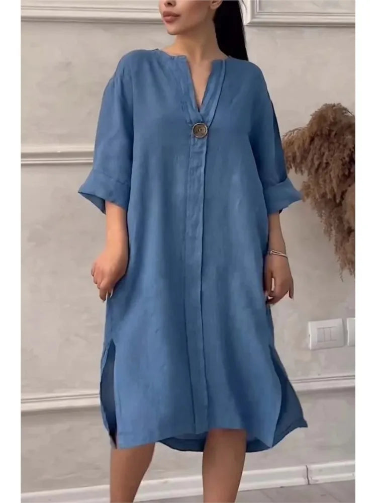 Robe Maxi en Lin à Manches