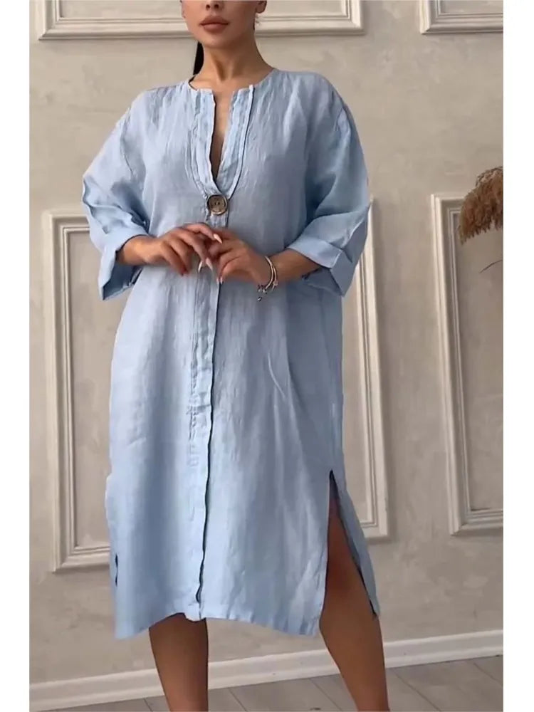 Robe Maxi en Lin à Manches