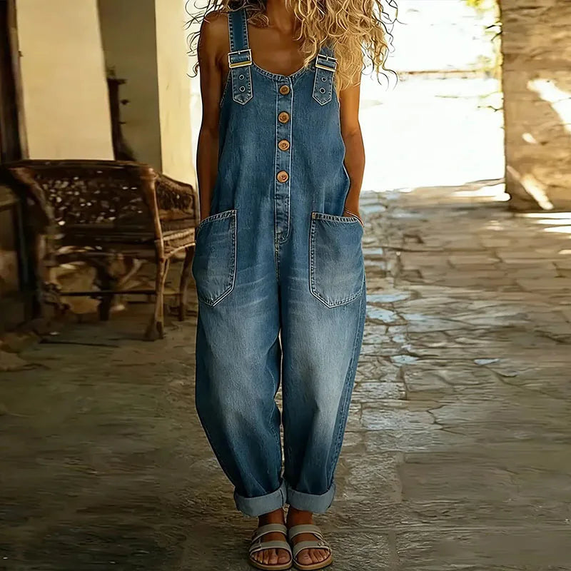 Kira | Salopette en coton doux au look denim vintage avec bretelles réglables