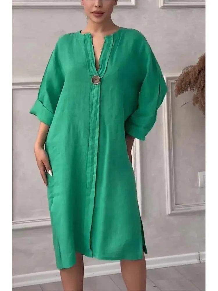 Robe Maxi en Lin à Manches