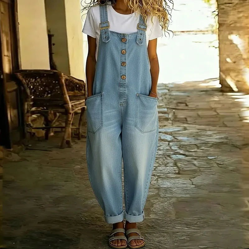 Kira | Salopette en coton doux au look denim vintage avec bretelles réglables