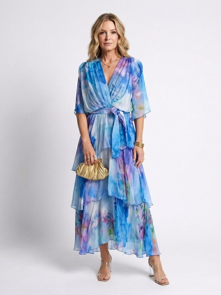 CALISTA | ROBE MAXI À ENCOLURE EN V TRANSPARENTE AVEC CEINTURE