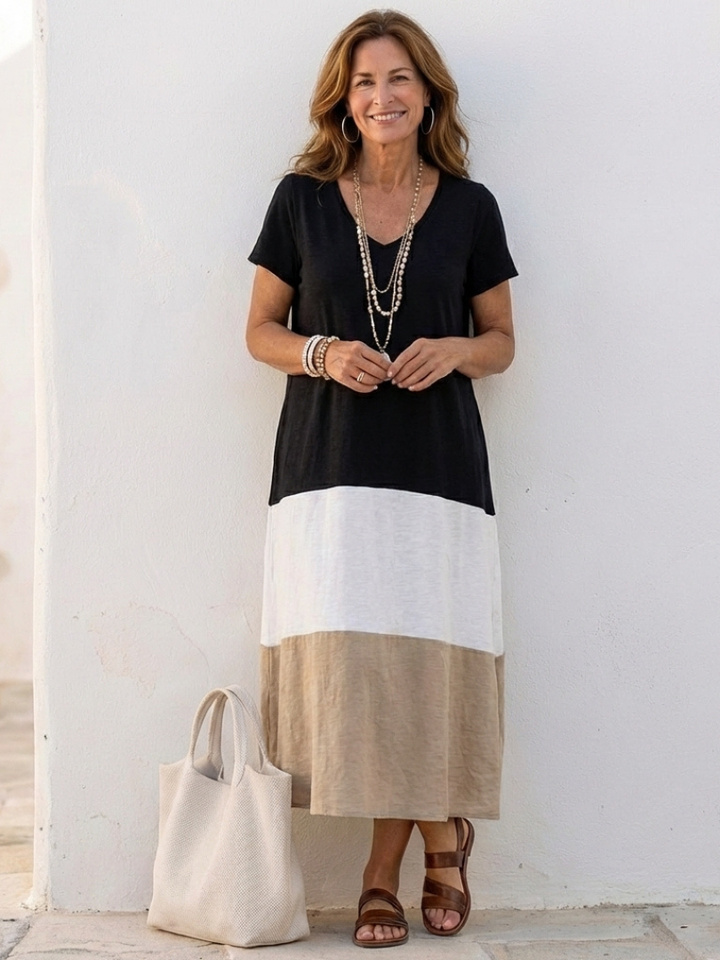 Thalia | Robe Midi à Manches Courtes en Color Block