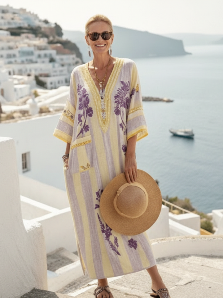 Aurelia | Robe maxi à fleurs à manches mi-longues et décolleté en V