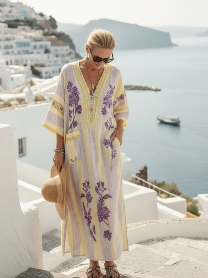 Aurelia | Robe maxi à fleurs à manches mi-longues et décolleté en V