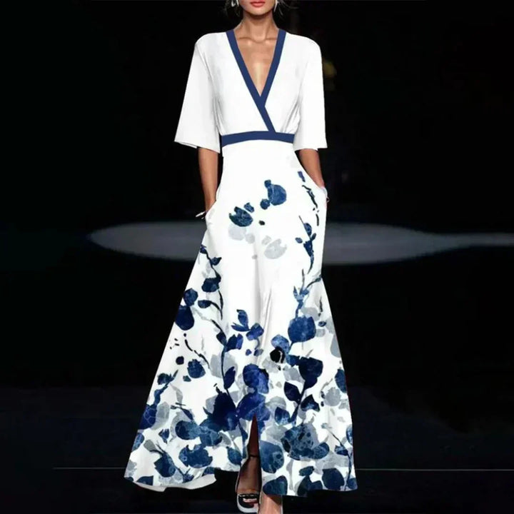 Hazel | Robe Maxi Florale à Col V Ceinturée