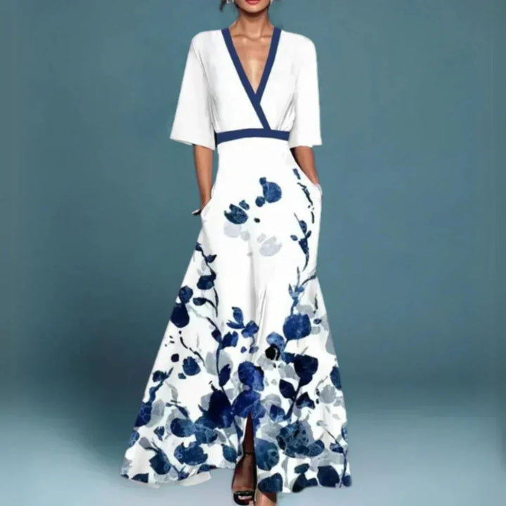 Hazel | Robe Maxi Florale à Col V Ceinturée