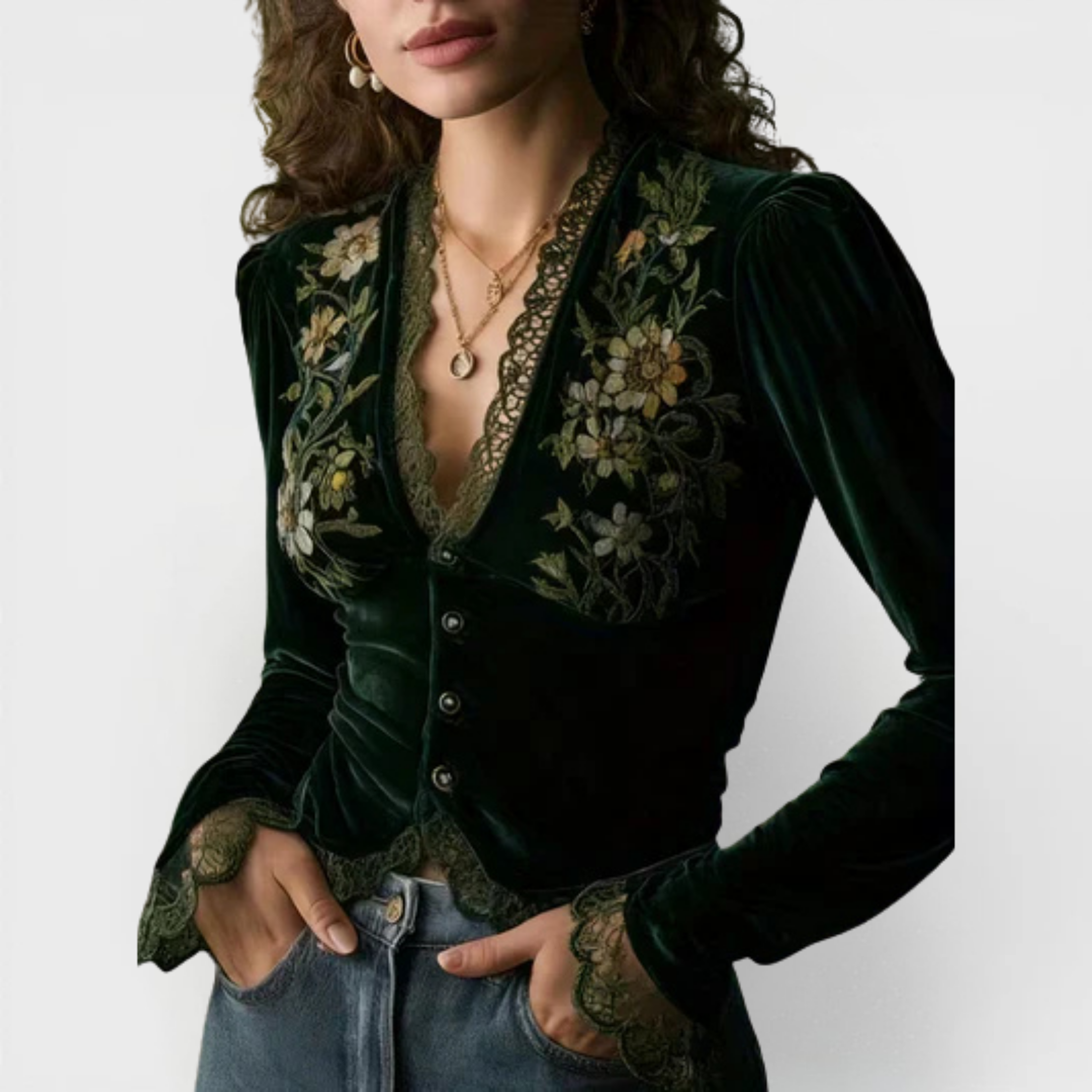 Nora | Blouse en velours à manches longues avec fleurs brodées