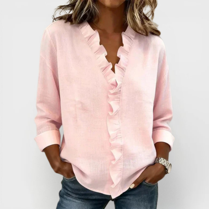 Susan | Blouse avec Volants, Col en V et Manches Longues