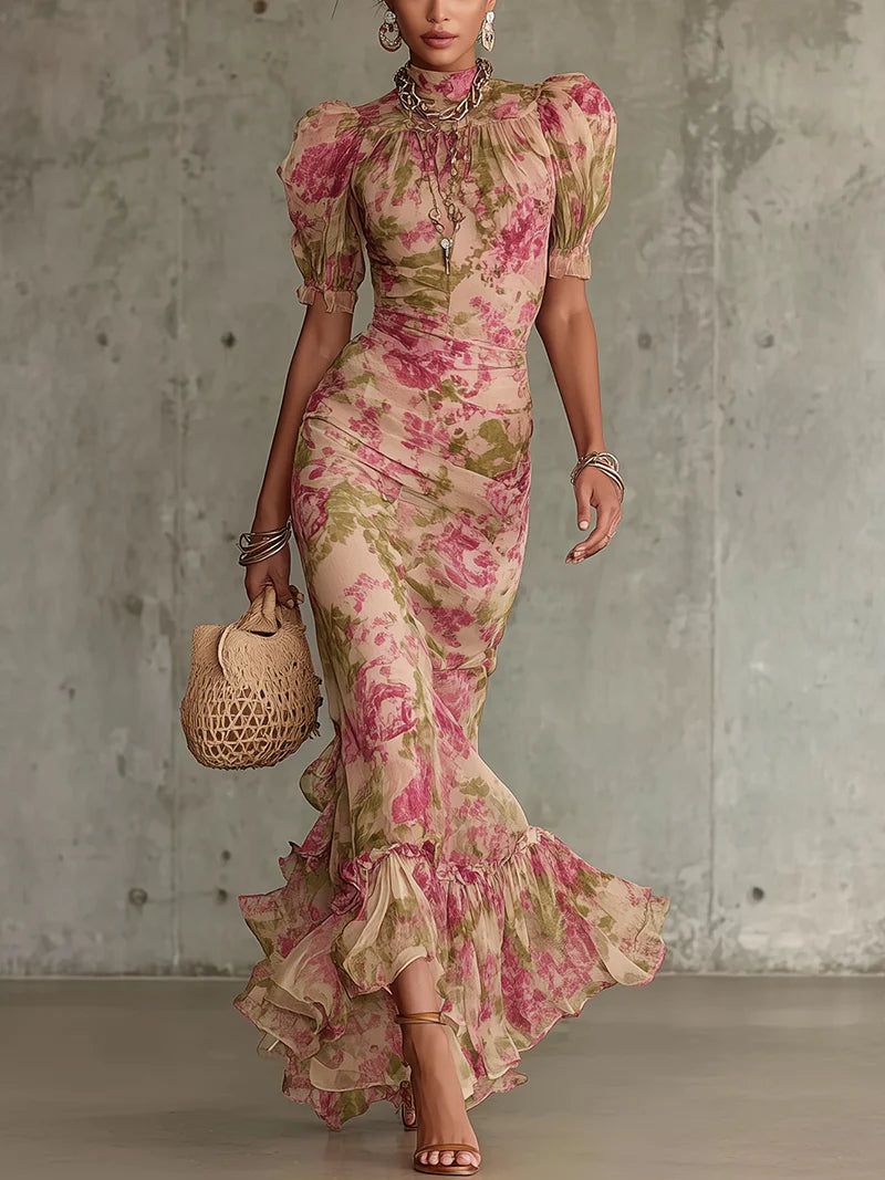 Mae | Robe Maxi à Manches Bouffantes Imprimé Rose Vintage