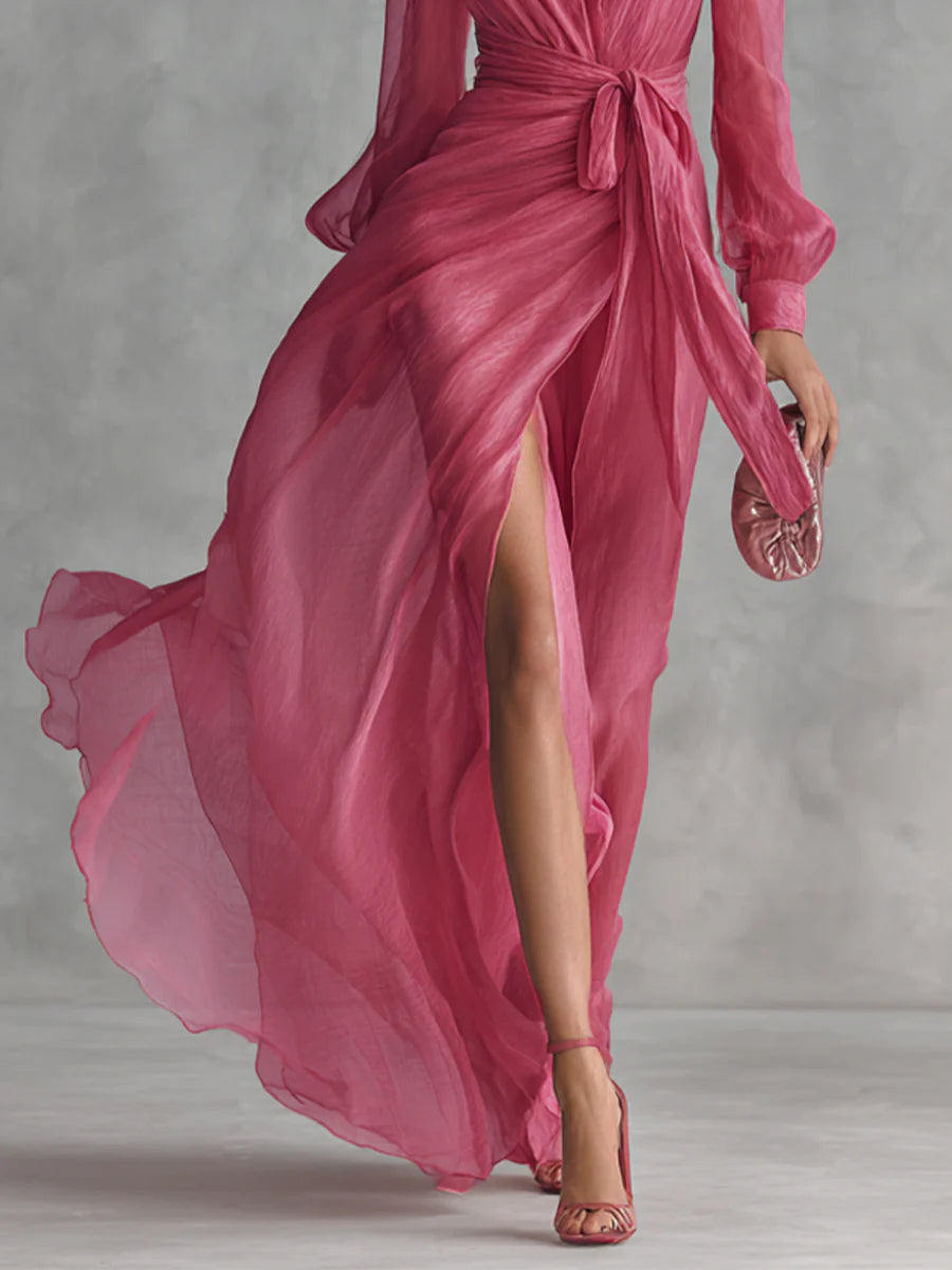 Beatrice | Robe Longue Élegante en Chiffon avec Décolleté en V et Ceinture