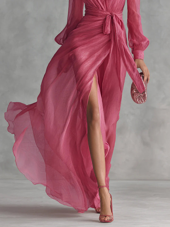 Beatrice | Robe Longue Élegante en Chiffon avec Décolleté en V et Ceinture